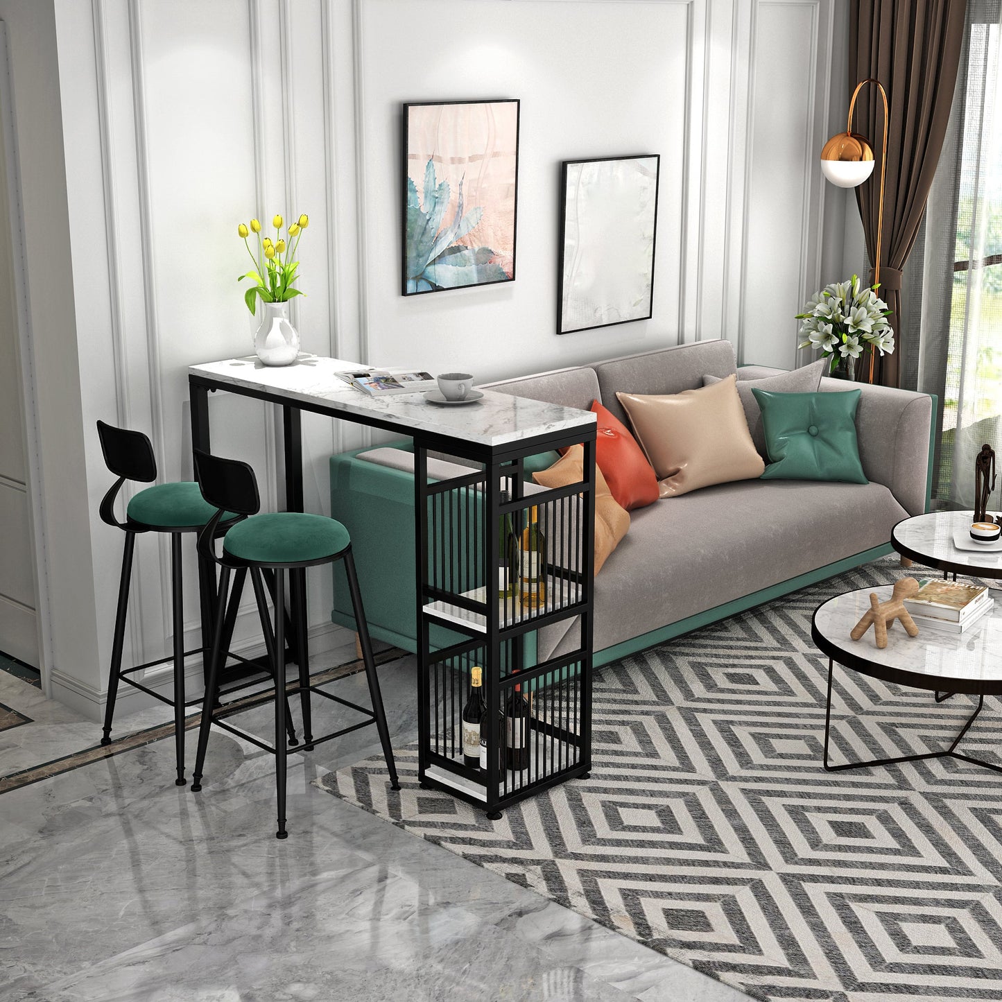 Modern Iron Bar Dining Table White Faux Marble Rectangle Indoor Bistro Table with Shelf Black Without Chairs Clearhalo 'Bar Furniture' 'Bar Tables' 'bar_tables' 'furn' 'furn_bar_tables' 'Furniture' 'furniture_bar_tables' 'Kitchen & Dining Furniture' 4961002