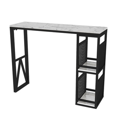 Modern Iron Bar Dining Table White Faux Marble Rectangle Indoor Bistro Table with Shelf Black Without Chairs Clearhalo 'Bar Furniture' 'Bar Tables' 'bar_tables' 'furn' 'furn_bar_tables' 'Furniture' 'furniture_bar_tables' 'Kitchen & Dining Furniture' 4961007