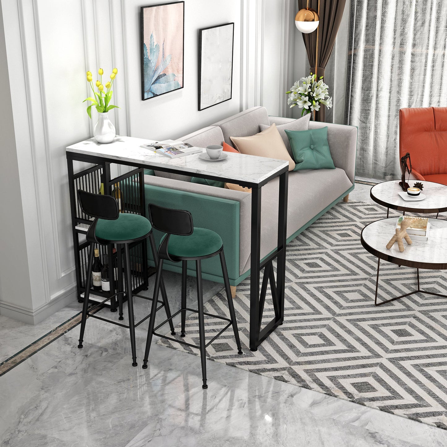 Modern Iron Bar Dining Table White Faux Marble Rectangle Indoor Bistro Table with Shelf Clearhalo 'Bar Furniture' 'Bar Tables' 'bar_tables' 'furn' 'furn_bar_tables' 'Furniture' 'furniture_bar_tables' 'Kitchen & Dining Furniture' 4961015