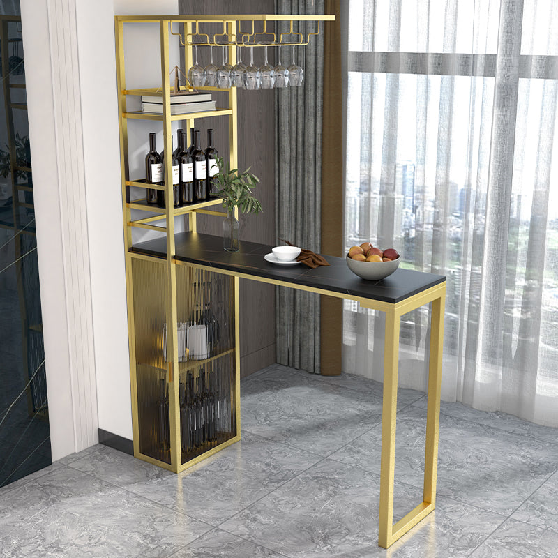 Modern Iron Bar Dining Table Stone Top Rectangle Indoor Bistro Table with Wine Rack Gold Black Clearhalo 'Bar Furniture' 'Bar Tables' 'bar_tables' 'furn' 'furn_bar_tables' 'Furniture' 'furniture_bar_tables' 'Kitchen & Dining Furniture' 4961125