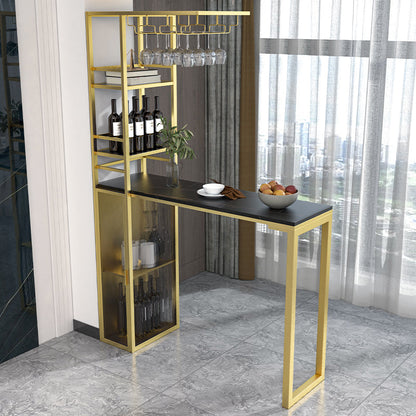 Modern Iron Bar Dining Table Stone Top Rectangle Indoor Bistro Table with Wine Rack Gold Black Clearhalo 'Bar Furniture' 'Bar Tables' 'bar_tables' 'furn' 'furn_bar_tables' 'Furniture' 'furniture_bar_tables' 'Kitchen & Dining Furniture' 4961125