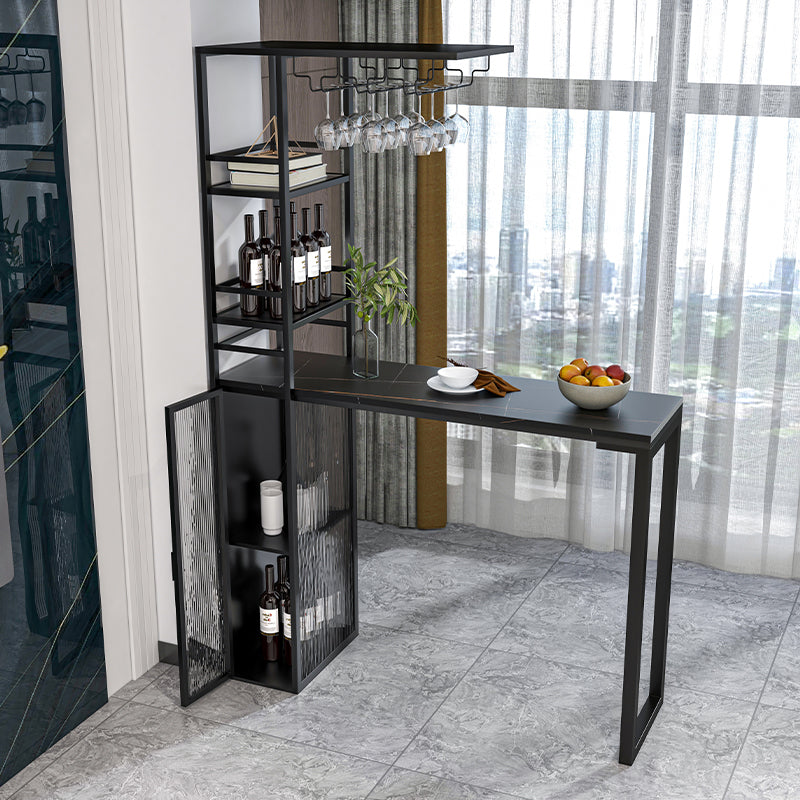 Modern Iron Bar Dining Table Stone Top Rectangle Indoor Bistro Table with Wine Rack Black Black Clearhalo 'Bar Furniture' 'Bar Tables' 'bar_tables' 'furn' 'furn_bar_tables' 'Furniture' 'furniture_bar_tables' 'Kitchen & Dining Furniture' 4961129