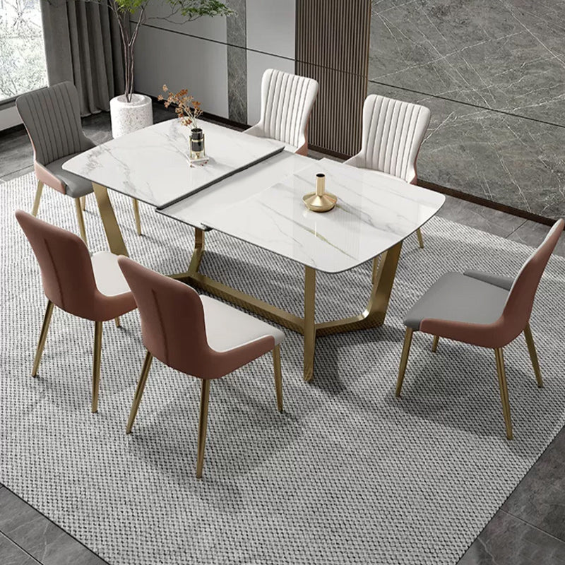 Glam 1/4/5/7 Pieces Rectangle Dinette Set with Sintered Stone Scalable Dining Table Set 7 Pieces: Table, 4 White+2 Grey Chairs Clearhalo 'Dining Room Sets' 'Dining Tables & Seating' 'dining_room_set' 'furn' 'furn_dining_room_set' 'Furniture' 'furniture_dining_room_set' 'Kitchen & Dining Furniture' 4961877