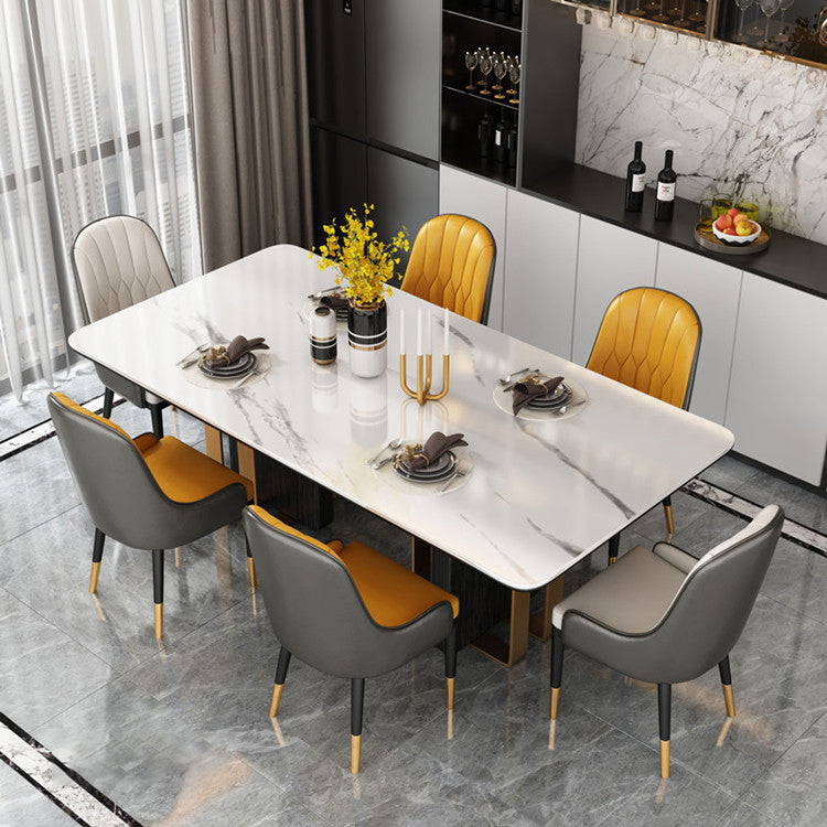 Modern 1/2/5/6/7 Pieces Dining Set Sintered Stone Dining Table Set for Home 7 Pieces: Table, 4 Orange+2 Grey Chairs Clearhalo 'Dining Room Sets' 'Dining Tables & Seating' 'dining_room_set' 'furn' 'furn_dining_room_set' 'Furniture' 'furniture_dining_room_set' 'Kitchen & Dining Furniture' 4961975