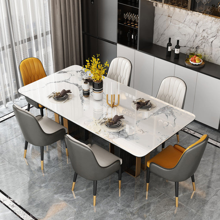 Modern 1/2/5/6/7 Pieces Dining Set Sintered Stone Dining Table Set for Home 7 Pieces: Table, 2 Orange+4 Grey Chairs Clearhalo 'Dining Room Sets' 'Dining Tables & Seating' 'dining_room_set' 'furn' 'furn_dining_room_set' 'Furniture' 'furniture_dining_room_set' 'Kitchen & Dining Furniture' 4961980
