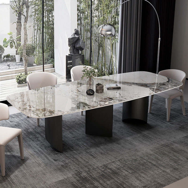 Stone Top Dining Table Contemporary Rectangle Dining Table with Black Base 94.5"L x 47.2"W x 29.5"H Without Chairs Clearhalo 'Dining Tables & Seating' 'Dining Tables' 'dining_table' 'furn' 'furn_dining_table' 'Furniture' 'furniture_dining_table' 'Kitchen & Dining Furniture' 'kitchen' 'kitchen_dining_table' 4962187