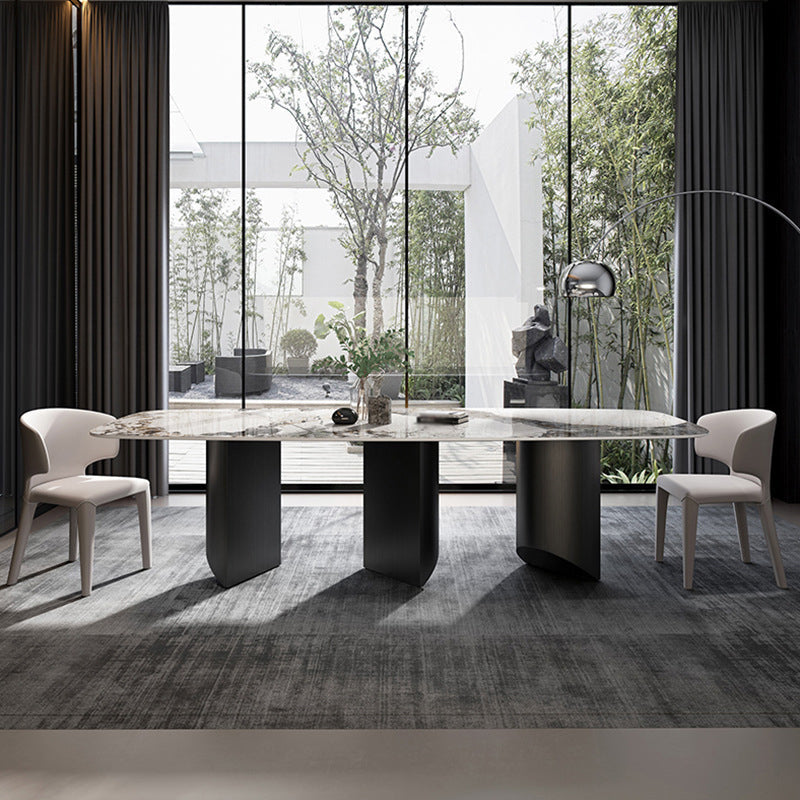 Stone Top Dining Table Contemporary Rectangle Dining Table with Black Base 86.6"L x 43.3"W x 29.5"H Without Chairs Clearhalo 'Dining Tables & Seating' 'Dining Tables' 'dining_table' 'furn' 'furn_dining_table' 'Furniture' 'furniture_dining_table' 'Kitchen & Dining Furniture' 'kitchen' 'kitchen_dining_table' 4962188