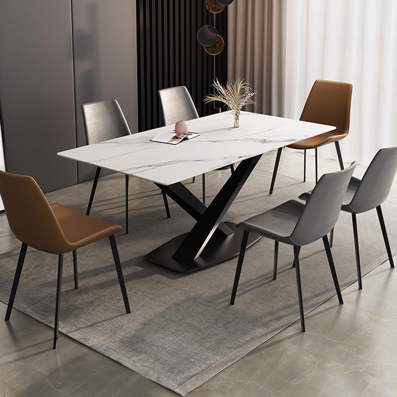 Contemporary Stone Dining Table Rectangle Dining Table with Pedestal Base in Black White 63"L x 31.5"W x 29.5"H Without Chairs Clearhalo 'Dining Tables & Seating' 'Dining Tables' 'dining_table' 'furn' 'furn_dining_table' 'Furniture' 'furniture_dining_table' 'Kitchen & Dining Furniture' 'kitchen' 'kitchen_dining_table' 4962280