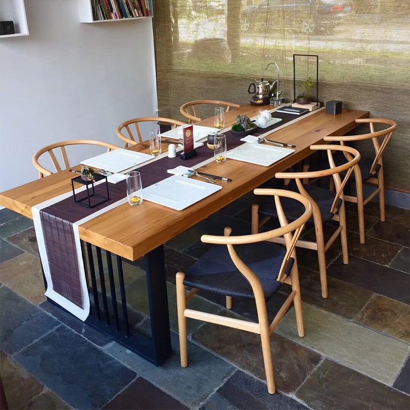 Contemporary Wood Dining Table Rectangle Dining Table with Pedestal Base in Black Natural 78.7"L x 31.5"W x 29.5"H Without Chairs Clearhalo 'Dining Tables & Seating' 'Dining Tables' 'dining_table' 'furn' 'furn_dining_table' 'Furniture' 'furniture_dining_table' 'Kitchen & Dining Furniture' 'kitchen' 'kitchen_dining_table' 4962294