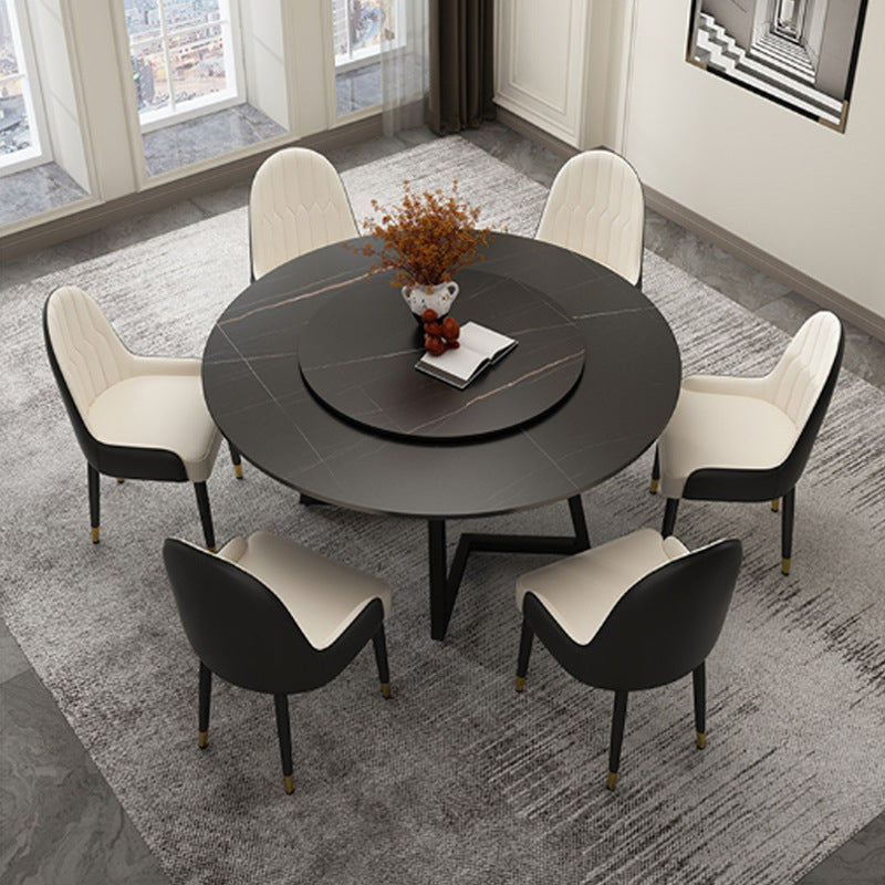 Modern Stone Double Pedestal Dining Table Matte Finish Round Table for Kitchen Black Gold 47.2"L x 47.2"W x 29.5"H Without Chairs Clearhalo 'Dining Tables & Seating' 'Dining Tables' 'dining_table' 'furn' 'furn_dining_table' 'Furniture' 'furniture_dining_table' 'Kitchen & Dining Furniture' 'kitchen' 'kitchen_dining_table' 4962301