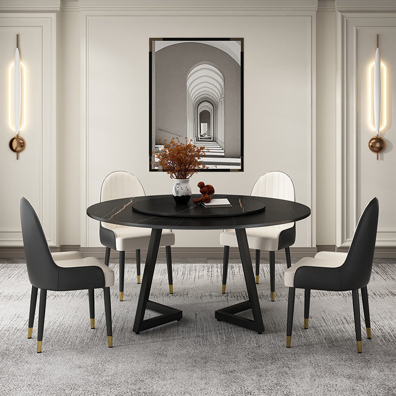 Modern Stone Double Pedestal Dining Table Matte Finish Round Table for Kitchen Black Gold 53.1"L x 53.1"W x 29.5"H Without Chairs Clearhalo 'Dining Tables & Seating' 'Dining Tables' 'dining_table' 'furn' 'furn_dining_table' 'Furniture' 'furniture_dining_table' 'Kitchen & Dining Furniture' 'kitchen' 'kitchen_dining_table' 4962303