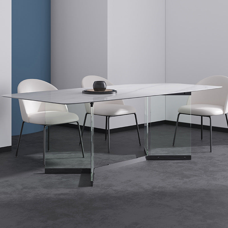 Modern Stone Double Pedestal Dining Table Rectangle White Top Table for Home Plastic Acrylic 55.1"L x 31.5"W x 29.5"H Without Chairs Clearhalo 'Dining Tables & Seating' 'Dining Tables' 'dining_table' 'furn' 'furn_dining_table' 'Furniture' 'furniture_dining_table' 'Kitchen & Dining Furniture' 'kitchen' 'kitchen_dining_table' 4962312