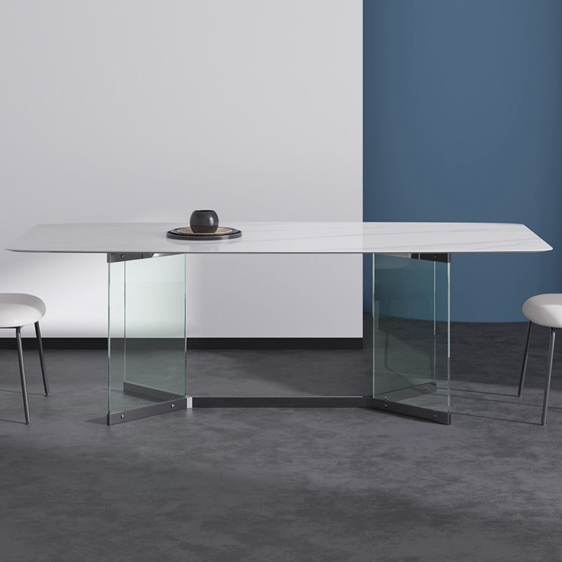 Modern Stone Double Pedestal Dining Table Rectangle White Top Table for Home Plastic Acrylic 63"L x 35.4"W x 29.5"H Without Chairs Clearhalo 'Dining Tables & Seating' 'Dining Tables' 'dining_table' 'furn' 'furn_dining_table' 'Furniture' 'furniture_dining_table' 'Kitchen & Dining Furniture' 'kitchen' 'kitchen_dining_table' 4962313
