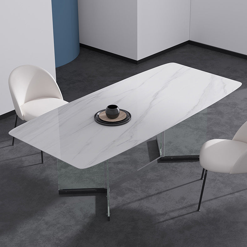 Modern Stone Double Pedestal Dining Table Rectangle White Top Table for Home Glass 70.9"L x 35.4"W x 29.5"H Without Chairs Clearhalo 'Dining Tables & Seating' 'Dining Tables' 'dining_table' 'furn' 'furn_dining_table' 'Furniture' 'furniture_dining_table' 'Kitchen & Dining Furniture' 'kitchen' 'kitchen_dining_table' 4962315