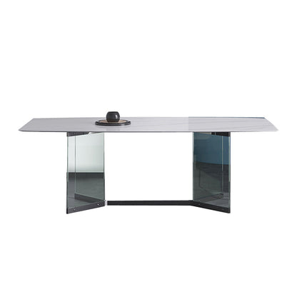 Modern Stone Double Pedestal Dining Table Rectangle White Top Table for Home Without Chairs Clearhalo 'Dining Tables & Seating' 'Dining Tables' 'dining_table' 'furn' 'furn_dining_table' 'Furniture' 'furniture_dining_table' 'Kitchen & Dining Furniture' 'kitchen' 'kitchen_dining_table' 4962316