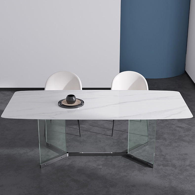 Modern Stone Double Pedestal Dining Table Rectangle White Top Table for Home Clearhalo 'Dining Tables & Seating' 'Dining Tables' 'dining_table' 'furn' 'furn_dining_table' 'Furniture' 'furniture_dining_table' 'Kitchen & Dining Furniture' 'kitchen' 'kitchen_dining_table' 4962321