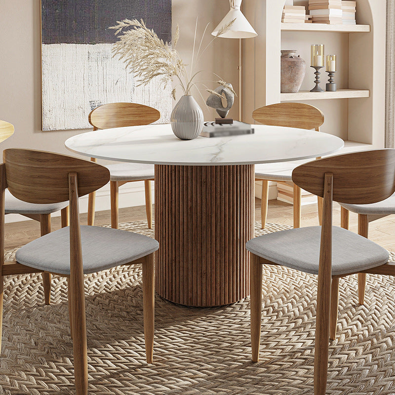 Contemporary Stone Dining Table Round Dining Table with Wood Pedestal Base Brown 47.2"L x 47.2"W x 29.5"H Without Chairs Clearhalo 'Dining Tables & Seating' 'Dining Tables' 'dining_table' 'furn' 'furn_dining_table' 'Furniture' 'furniture_dining_table' 'Kitchen & Dining Furniture' 'kitchen' 'kitchen_dining_table' 4962376