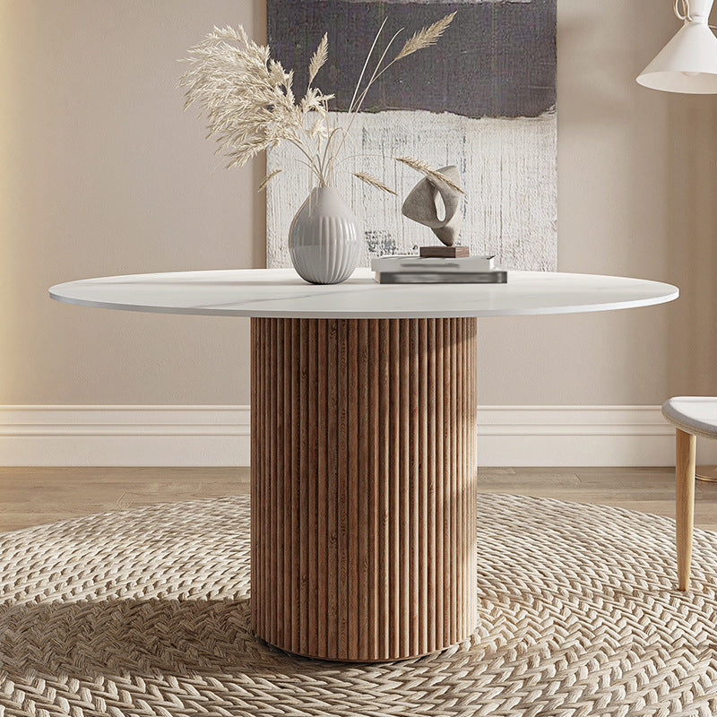 Contemporary Stone Dining Table Round Dining Table with Wood Pedestal Base Brown 43.3"L x 43.3"W x 29.5"H Without Chairs Clearhalo 'Dining Tables & Seating' 'Dining Tables' 'dining_table' 'furn' 'furn_dining_table' 'Furniture' 'furniture_dining_table' 'Kitchen & Dining Furniture' 'kitchen' 'kitchen_dining_table' 4962377