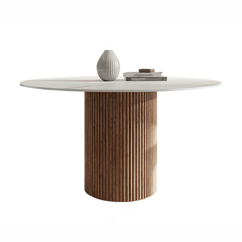 Contemporary Stone Dining Table Round Dining Table with Wood Pedestal Base Brown Without Chairs Clearhalo 'Dining Tables & Seating' 'Dining Tables' 'dining_table' 'furn' 'furn_dining_table' 'Furniture' 'furniture_dining_table' 'Kitchen & Dining Furniture' 'kitchen' 'kitchen_dining_table' 4962380