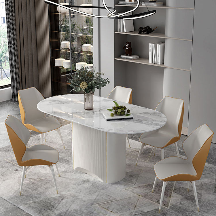 Sintered Stone White Tone Dining Table Luxury Pedestal Table for Dining Room Oval 63"L x 31.5"W x 29.5"H Without Chairs Clearhalo 'Dining Tables & Seating' 'Dining Tables' 'dining_table' 'furn' 'furn_dining_table' 'Furniture' 'furniture_dining_table' 'Kitchen & Dining Furniture' 'kitchen' 'kitchen_dining_table' 4962450