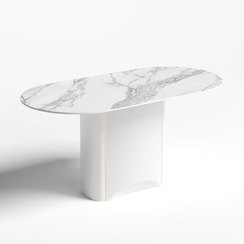 Sintered Stone White Tone Dining Table Luxury Pedestal Table for Dining Room Oval 55.1"L x 31.5"W x 29.5"H Without Chairs Clearhalo 'Dining Tables & Seating' 'Dining Tables' 'dining_table' 'furn' 'furn_dining_table' 'Furniture' 'furniture_dining_table' 'Kitchen & Dining Furniture' 'kitchen' 'kitchen_dining_table' 4962451