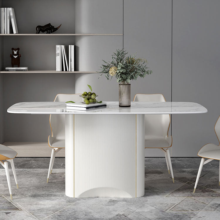 Sintered Stone White Tone Dining Table Luxury Pedestal Table for Dining Room Rectangle 63"L x 31.5"W x 29.5"H Without Chairs Clearhalo 'Dining Tables & Seating' 'Dining Tables' 'dining_table' 'furn' 'furn_dining_table' 'Furniture' 'furniture_dining_table' 'Kitchen & Dining Furniture' 'kitchen' 'kitchen_dining_table' 4962453
