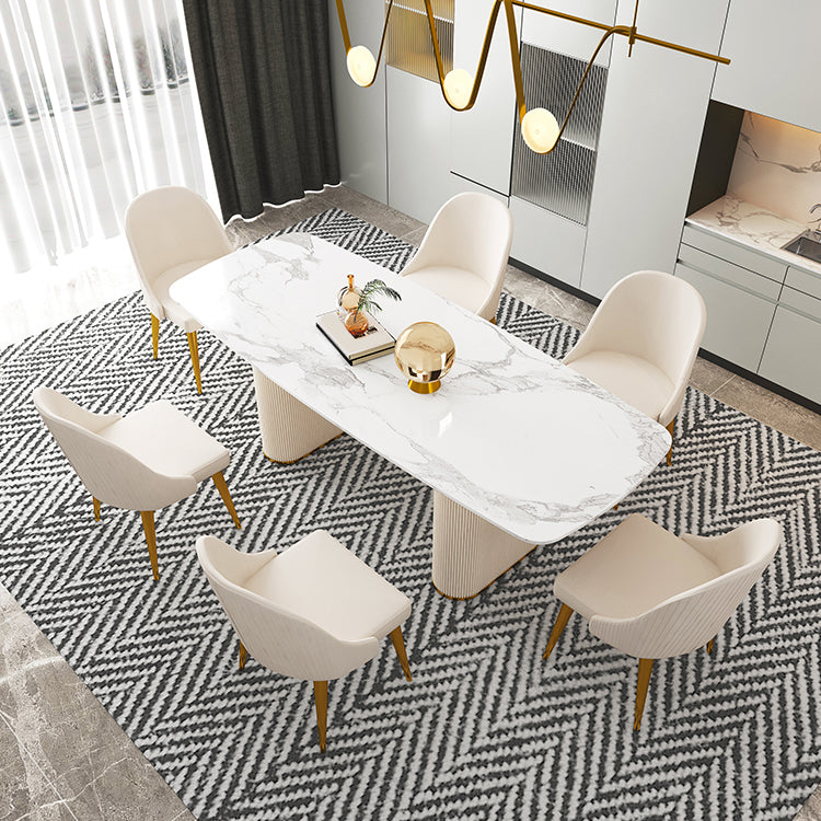 Sintered Stone Top Modern White Table for Restaurant Oval Dining Table Double Pedestal 70.9"L x 31.5"W x 29.5"H Without Chairs Clearhalo 'Dining Tables & Seating' 'Dining Tables' 'dining_table' 'furn' 'furn_dining_table' 'Furniture' 'furniture_dining_table' 'Kitchen & Dining Furniture' 'kitchen' 'kitchen_dining_table' 4962504
