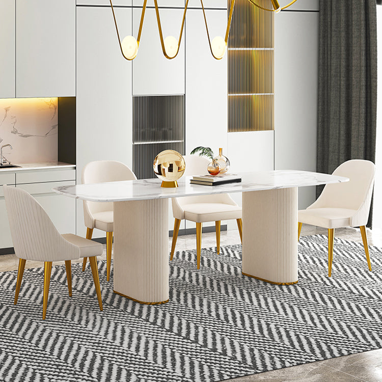 Sintered Stone Top Modern White Table for Restaurant Oval Dining Table Double Pedestal 63"L x 31.5"W x 29.5"H Without Chairs Clearhalo 'Dining Tables & Seating' 'Dining Tables' 'dining_table' 'furn' 'furn_dining_table' 'Furniture' 'furniture_dining_table' 'Kitchen & Dining Furniture' 'kitchen' 'kitchen_dining_table' 4962505