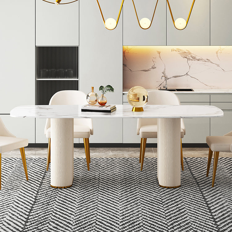Sintered Stone Top Modern White Table for Restaurant Oval Dining Table Double Pedestal 78.7"L x 31.5"W x 29.5"H Without Chairs Clearhalo 'Dining Tables & Seating' 'Dining Tables' 'dining_table' 'furn' 'furn_dining_table' 'Furniture' 'furniture_dining_table' 'Kitchen & Dining Furniture' 'kitchen' 'kitchen_dining_table' 4962506