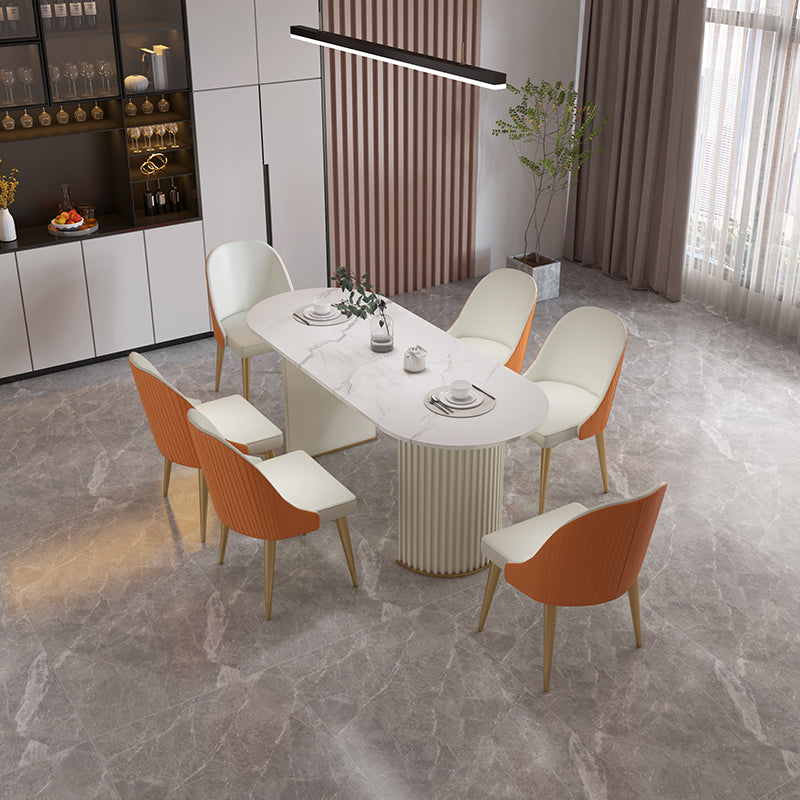 Sintered Stone Top White Table for Restaurant Modern Oval Table with Double Pedestal 55.1"L x 31.5"W x 29.5"H Without Chairs Clearhalo 'Dining Tables & Seating' 'Dining Tables' 'dining_table' 'furn' 'furn_dining_table' 'Furniture' 'furniture_dining_table' 'Kitchen & Dining Furniture' 'kitchen' 'kitchen_dining_table' 4962515