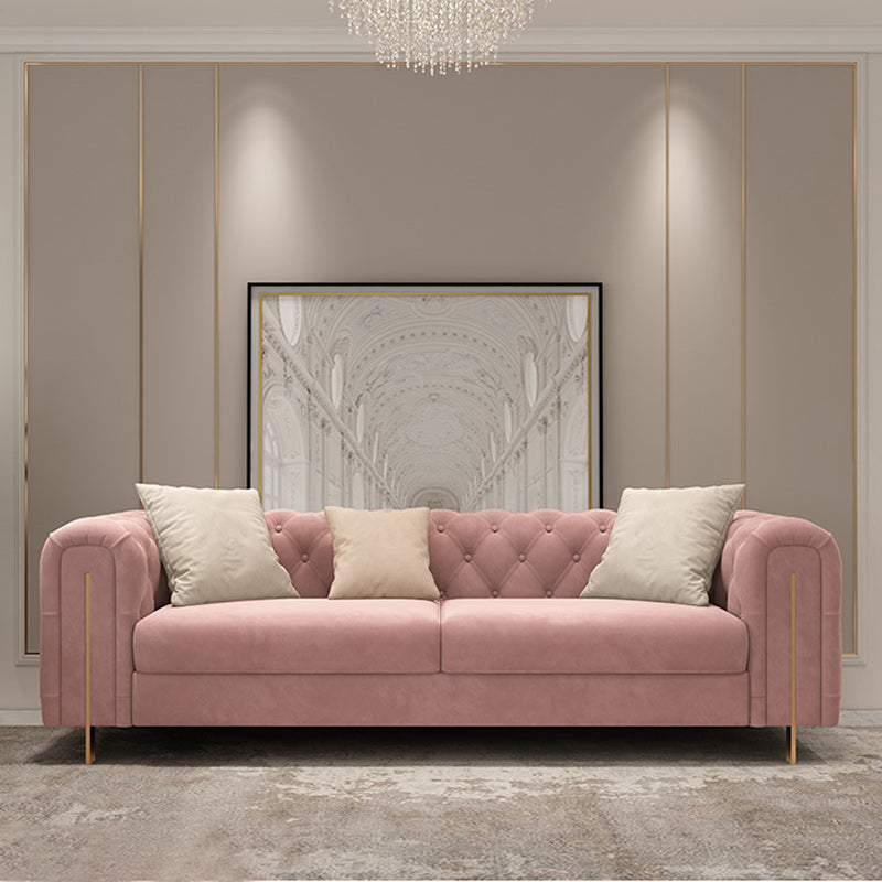 Tufted Split-Back Tuxedo Arm Chesterfield Sofa for Living Room, Apartment Pink Suede Clearhalo 'furn' 'furn_sofas' 'Furniture' 'furniture_sofas' 'Living Room Furniture' 'Sofa' 'sofas' 4963648