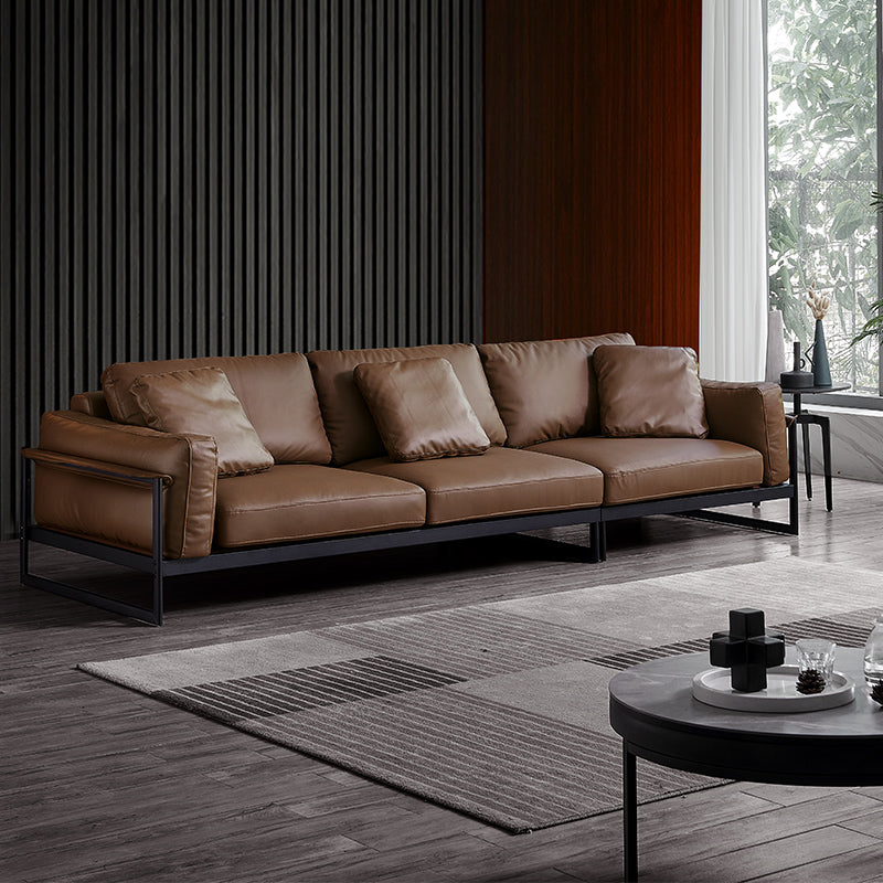 34" High Contemporary Square Arm Standard Sofa with Bolster Pillows, Brown 118"L x 39"W x 35.5"H Genuine Leather Clearhalo 'furn' 'furn_sofas' 'Furniture' 'furniture_sofas' 'Living Room Furniture' 'Sofa' 'sofas' 4963697