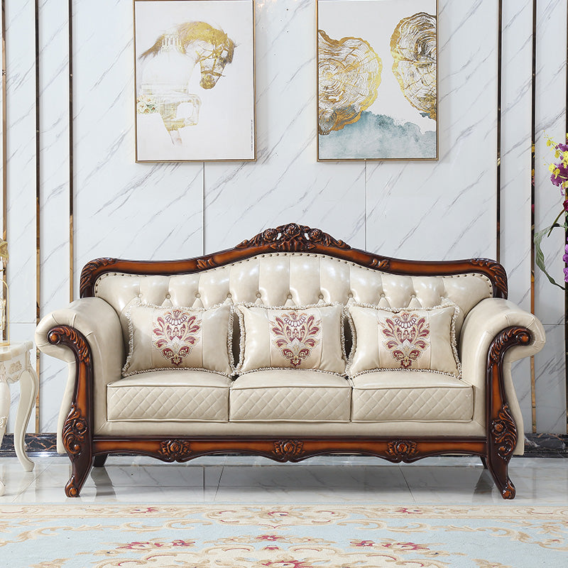Ornate Traditional Tufted Split-Back Microfiber Sofa 43.31"High Flared Arm Sofa White-Brown Clearhalo 'furn' 'furn_sofas' 'Furniture' 'furniture_sofas' 'Living Room Furniture' 'Sofa' 'sofas' 4963746