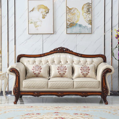 Ornate Traditional Tufted Split-Back Microfiber Sofa 43.31"High Flared Arm Sofa White-Brown Clearhalo 'furn' 'furn_sofas' 'Furniture' 'furniture_sofas' 'Living Room Furniture' 'Sofa' 'sofas' 4963746