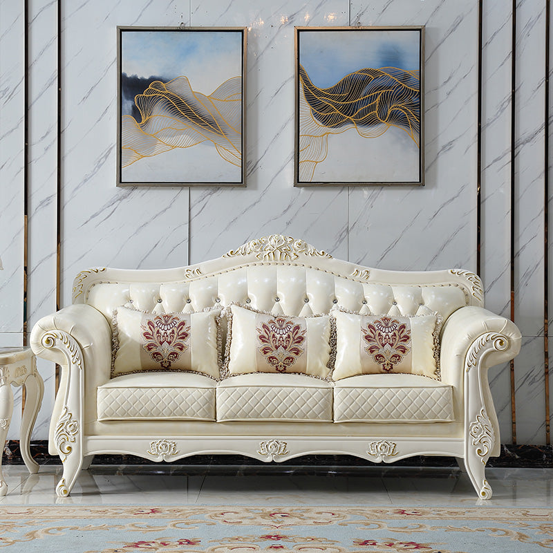 Ornate Traditional Tufted Split-Back Microfiber Sofa 43.31"High Flared Arm Sofa Cream Clearhalo 'furn' 'furn_sofas' 'Furniture' 'furniture_sofas' 'Living Room Furniture' 'Sofa' 'sofas' 4963747