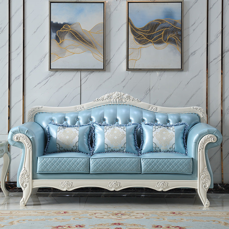 Ornate Traditional Tufted Split-Back Microfiber Sofa 43.31"High Flared Arm Sofa Light Blue Clearhalo 'furn' 'furn_sofas' 'Furniture' 'furniture_sofas' 'Living Room Furniture' 'Sofa' 'sofas' 4963750