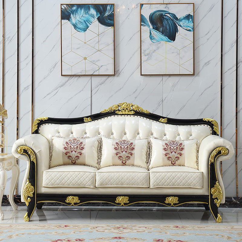 Ornate Traditional Tufted Split-Back Microfiber Sofa 43.31"High Flared Arm Sofa Black-White Clearhalo 'furn' 'furn_sofas' 'Furniture' 'furniture_sofas' 'Living Room Furniture' 'Sofa' 'sofas' 4963751