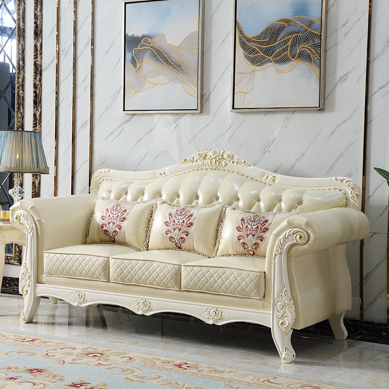 Ornate Traditional Tufted Split-Back Microfiber Sofa 43.31"High Flared Arm Sofa Beige Clearhalo 'furn' 'furn_sofas' 'Furniture' 'furniture_sofas' 'Living Room Furniture' 'Sofa' 'sofas' 4963752
