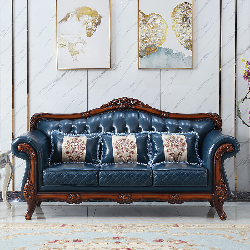 Ornate Traditional Tufted Split-Back Microfiber Sofa 43.31"High Flared Arm Sofa Royal Blue Clearhalo 'furn' 'furn_sofas' 'Furniture' 'furniture_sofas' 'Living Room Furniture' 'Sofa' 'sofas' 4963755
