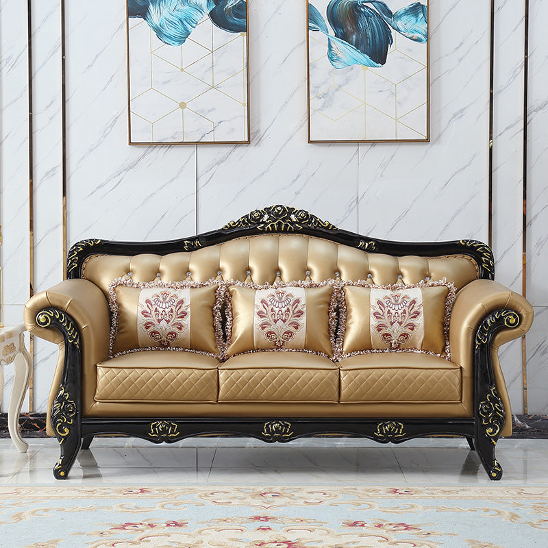 Ornate Traditional Tufted Split-Back Microfiber Sofa 43.31"High Flared Arm Sofa Light Gold Clearhalo 'furn' 'furn_sofas' 'Furniture' 'furniture_sofas' 'Living Room Furniture' 'Sofa' 'sofas' 4963757