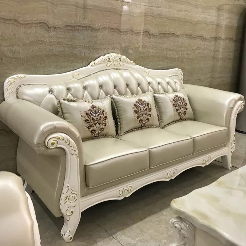 Ornate Traditional Tufted Split-Back Microfiber Sofa 43.31"High Flared Arm Sofa Champagne Clearhalo 'furn' 'furn_sofas' 'Furniture' 'furniture_sofas' 'Living Room Furniture' 'Sofa' 'sofas' 4963761