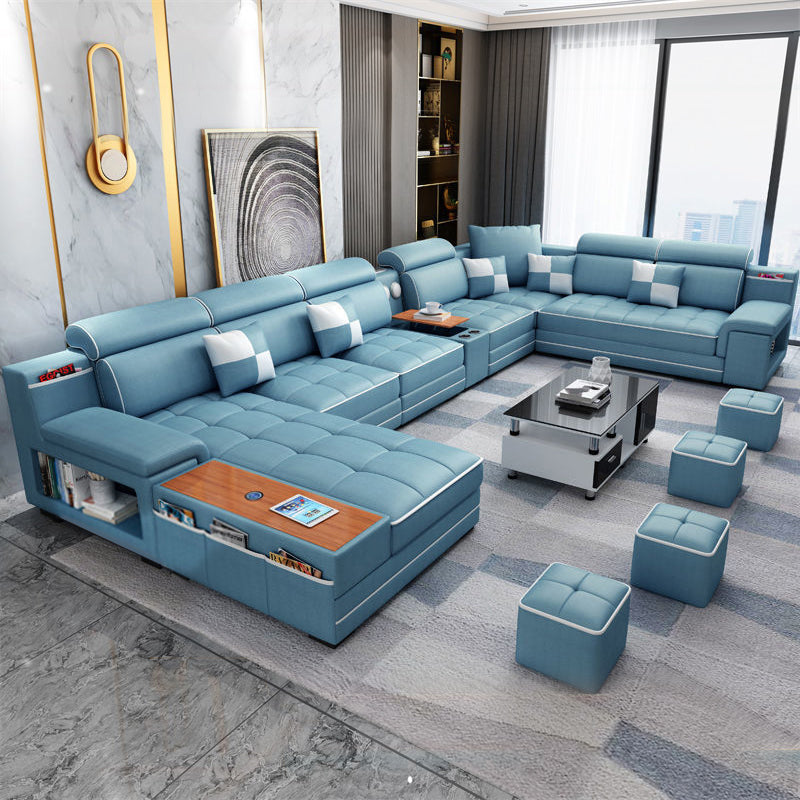 157.5"W √ó 94.49"D √ó 35.43"H Faux Leather Pillow Top Arm Sectional with Stain-Resistant Sky Blue Latex Clearhalo 'furn' 'furn_sectionals' 'Furniture' 'furniture_sectionals' 'Living Room Furniture' 'Sectionals' 4963784