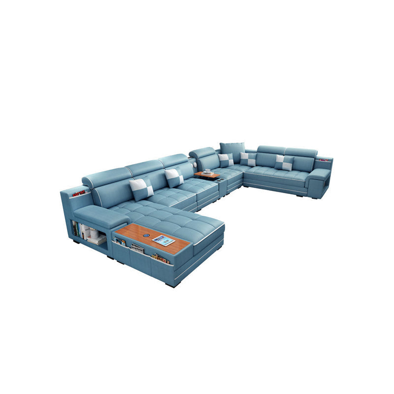 157.5"W √ó 94.49"D √ó 35.43"H Faux Leather Pillow Top Arm Sectional with Stain-Resistant Sky Blue Sponge Clearhalo 'furn' 'furn_sectionals' 'Furniture' 'furniture_sectionals' 'Living Room Furniture' 'Sectionals' 4963786