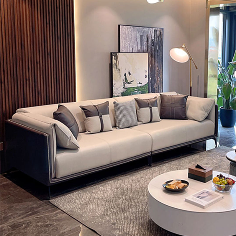 Contemporary Stain-Resistant Faux Leather Sofa/Sectional with Pillowed Back Cushions 110"L x 37.5"W x 29.5"H Gray-Brown Clearhalo 'furn' 'furn_sectionals' 'Furniture' 'furniture_sectionals' 'Living Room Furniture' 'Sectionals' 4963860