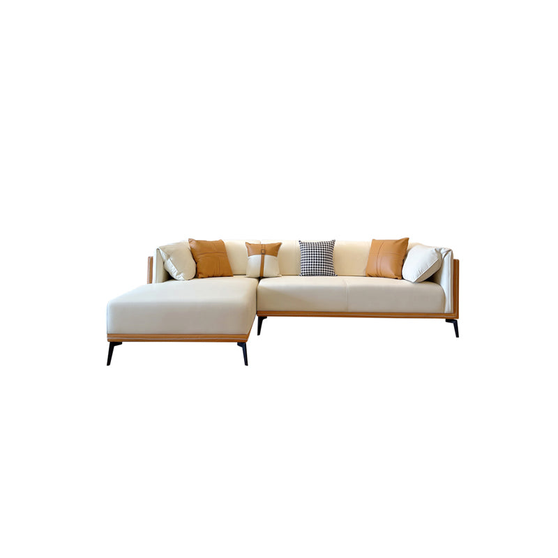 Contemporary Stain-Resistant Faux Leather Sofa/Sectional with Pillowed Back Cushions 114"L x 69"W x 29.5"H Orange White Clearhalo 'furn' 'furn_sectionals' 'Furniture' 'furniture_sectionals' 'Living Room Furniture' 'Sectionals' 4963865