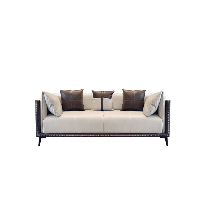 Contemporary Stain-Resistant Faux Leather Sofa/Sectional with Pillowed Back Cushions 86.6"L x 37.4"W x 29.5"H Gray-Brown Clearhalo 'furn' 'furn_sectionals' 'Furniture' 'furniture_sectionals' 'Living Room Furniture' 'Sectionals' 4963867
