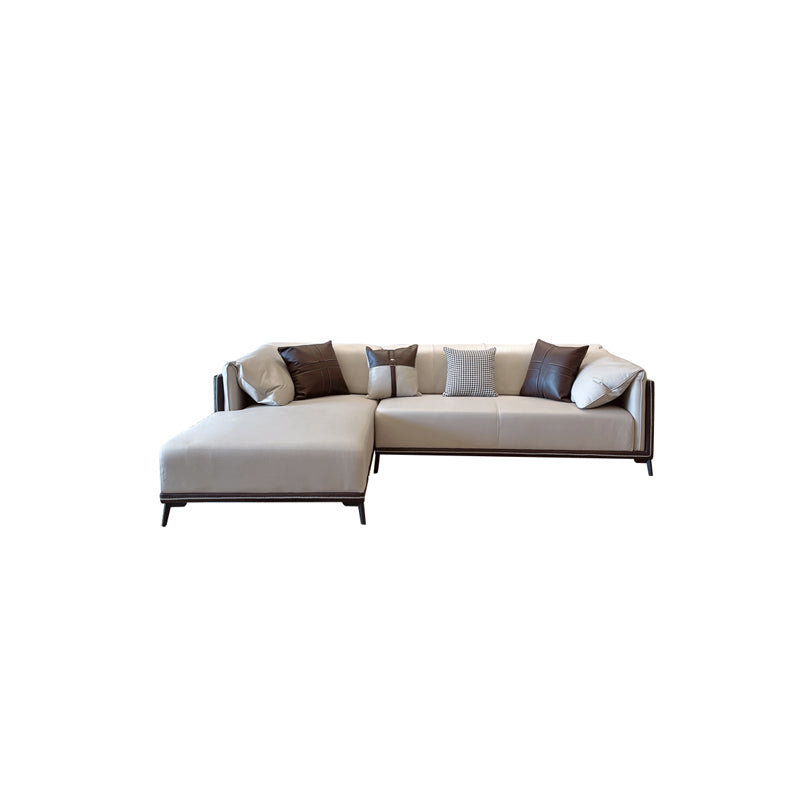Contemporary Stain-Resistant Faux Leather Sofa/Sectional with Pillowed Back Cushions 114"L x 69"W x 29.5"H Gray-Brown Clearhalo 'furn' 'furn_sectionals' 'Furniture' 'furniture_sectionals' 'Living Room Furniture' 'Sectionals' 4963872