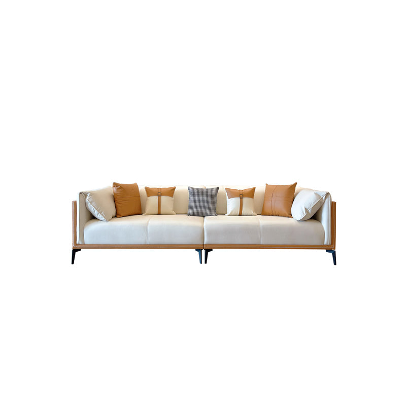 Contemporary Stain-Resistant Faux Leather Sofa/Sectional with Pillowed Back Cushions 110"L x 37.5"W x 29.5"H Orange White Clearhalo 'furn' 'furn_sectionals' 'Furniture' 'furniture_sectionals' 'Living Room Furniture' 'Sectionals' 4963873