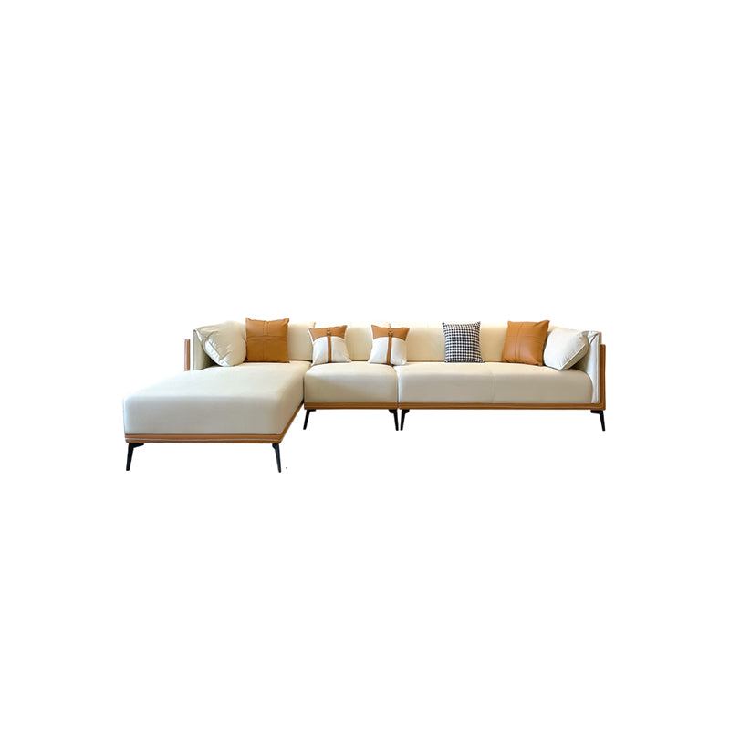 Contemporary Stain-Resistant Faux Leather Sofa/Sectional with Pillowed Back Cushions 140"L x 69"W x 29.5"H Orange White Clearhalo 'furn' 'furn_sectionals' 'Furniture' 'furniture_sectionals' 'Living Room Furniture' 'Sectionals' 4963874