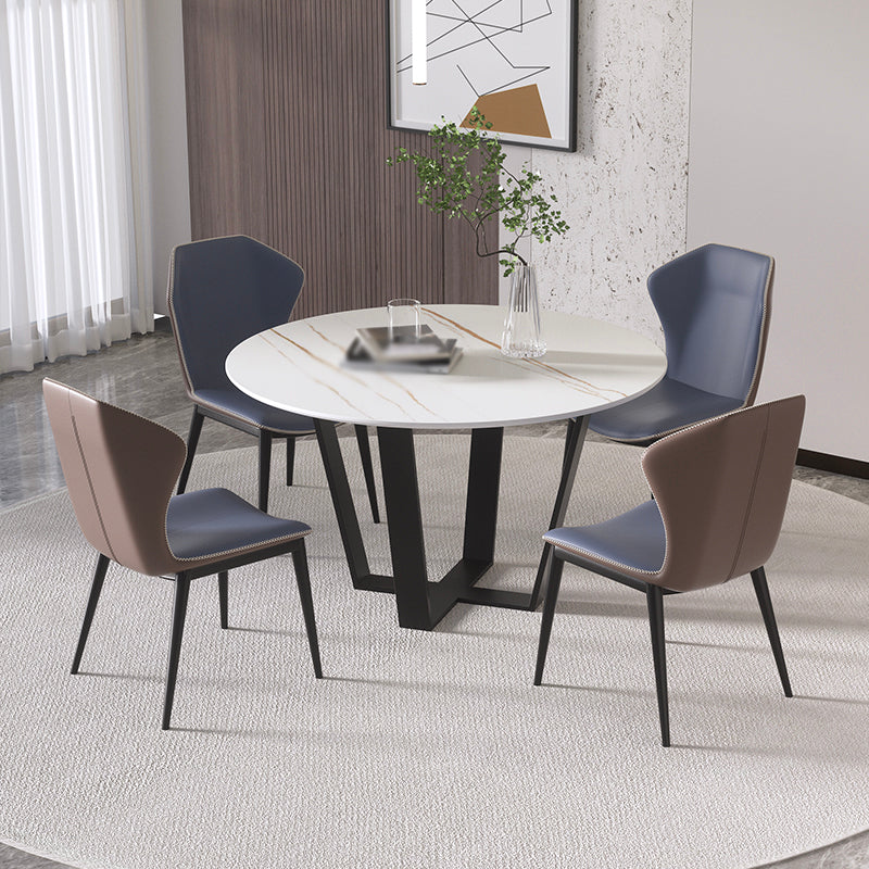 Modern 1/2/5/7 Pieces Dining Set Round Stone Dining Table for Dining Room 5 Pieces: White Table, 4 Blue Chairs Clearhalo 'Dining Room Sets' 'Dining Tables & Seating' 'dining_room_set' 'furn' 'furn_dining_room_set' 'Furniture' 'furniture_dining_room_set' 'Kitchen & Dining Furniture' 4965423